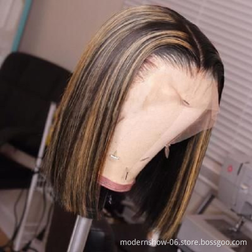 100% Virgin Brazilian Ombre Human Hair Wigs Modern Show Wholesale Mixed Color T4/27 Short Lace Frontal Bob Wigs For Women
